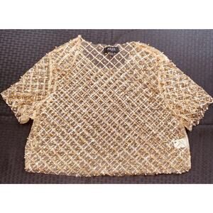 Julia by Love J, Sheer Mesh Gold Beaded Sequined Crop Top, Women's Large